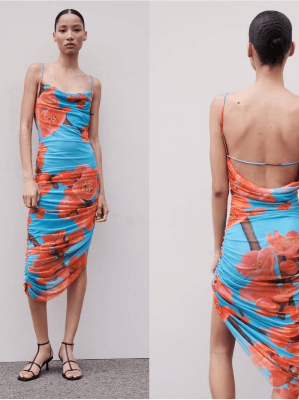 Zara Ruched Tulle Cowl-Back Slip Midi Dress Floral